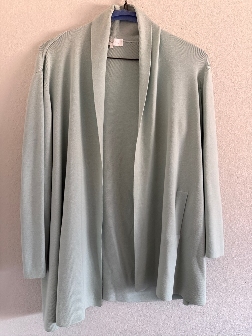 Escada Merino Wool Cardigan Green Open Front Shawl Collar Flaw Quite Luxury